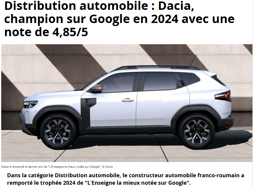 Distribution automobile : Dacia, champion sur Google en 2024 avec une note de 4,85/5