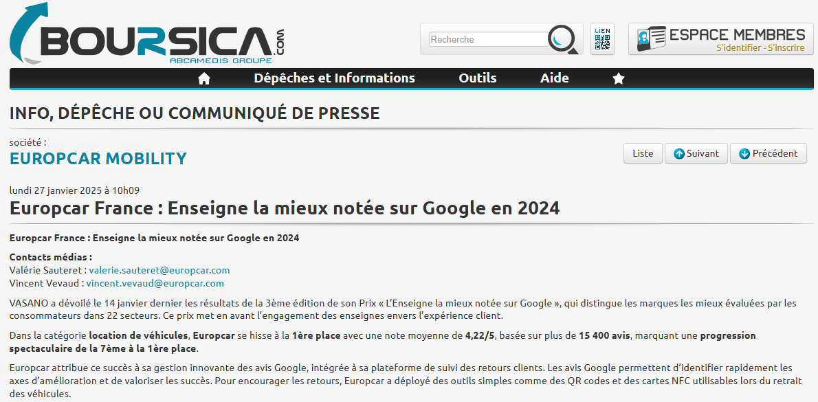 Europcar France : Enseigne la mieux notée sur Google en 2024