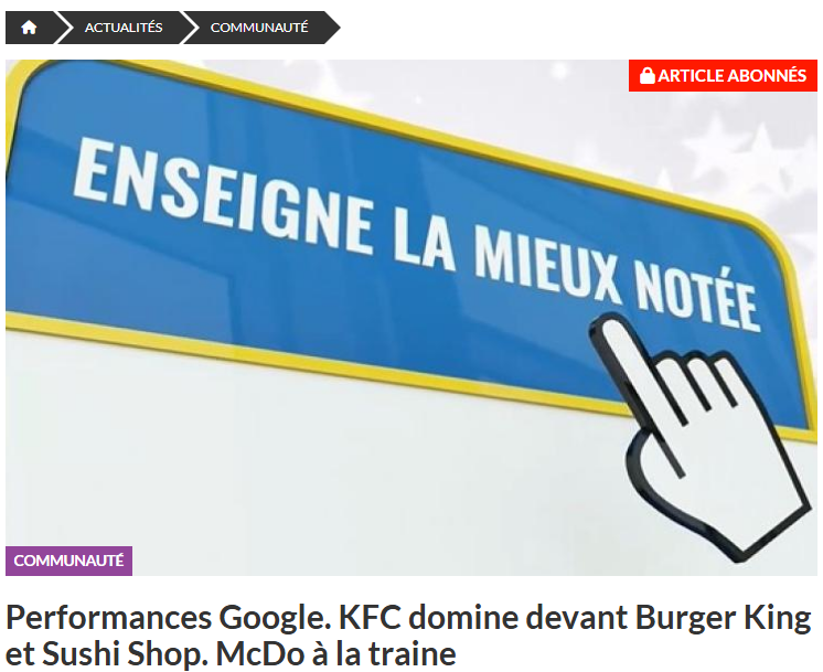 Performances Google. KFC domine devant Burger King et Sushi Shop. McDo à la traine