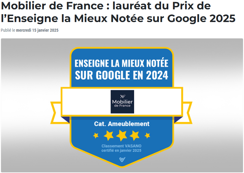 Mobilier de France : lauréat du Prix de l’Enseigne la Mieux Notée sur Google 2025