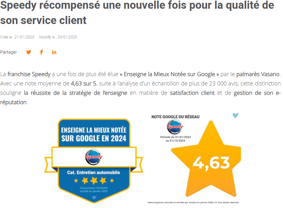 Speedy récompensé une nouvelle fois pour la qualité de son service client